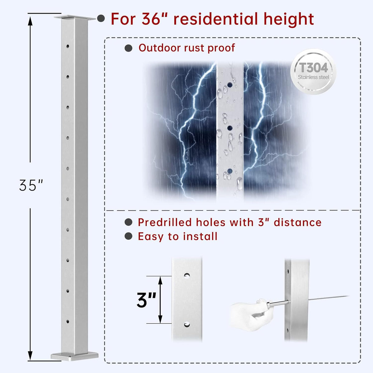 4Pack Stainless Steel Brushed Pre-Drilled Cable Railing Post U7898