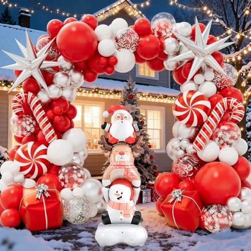 Christmas Balloon Garland Arch Kit with Red White Silver Confetti Foil Balloons W77566
