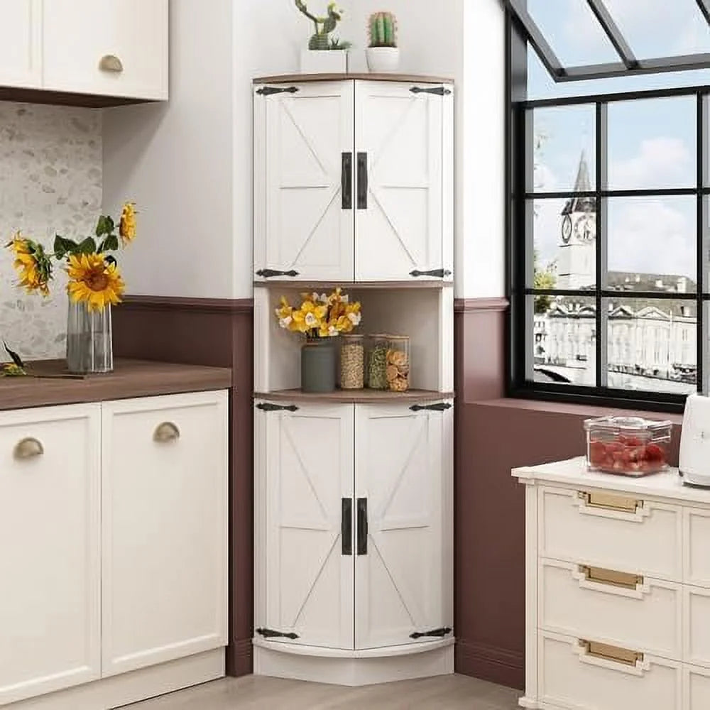 64.8" Tall White Corner Cabinet with 4 Doors and 5 Shelves B8849