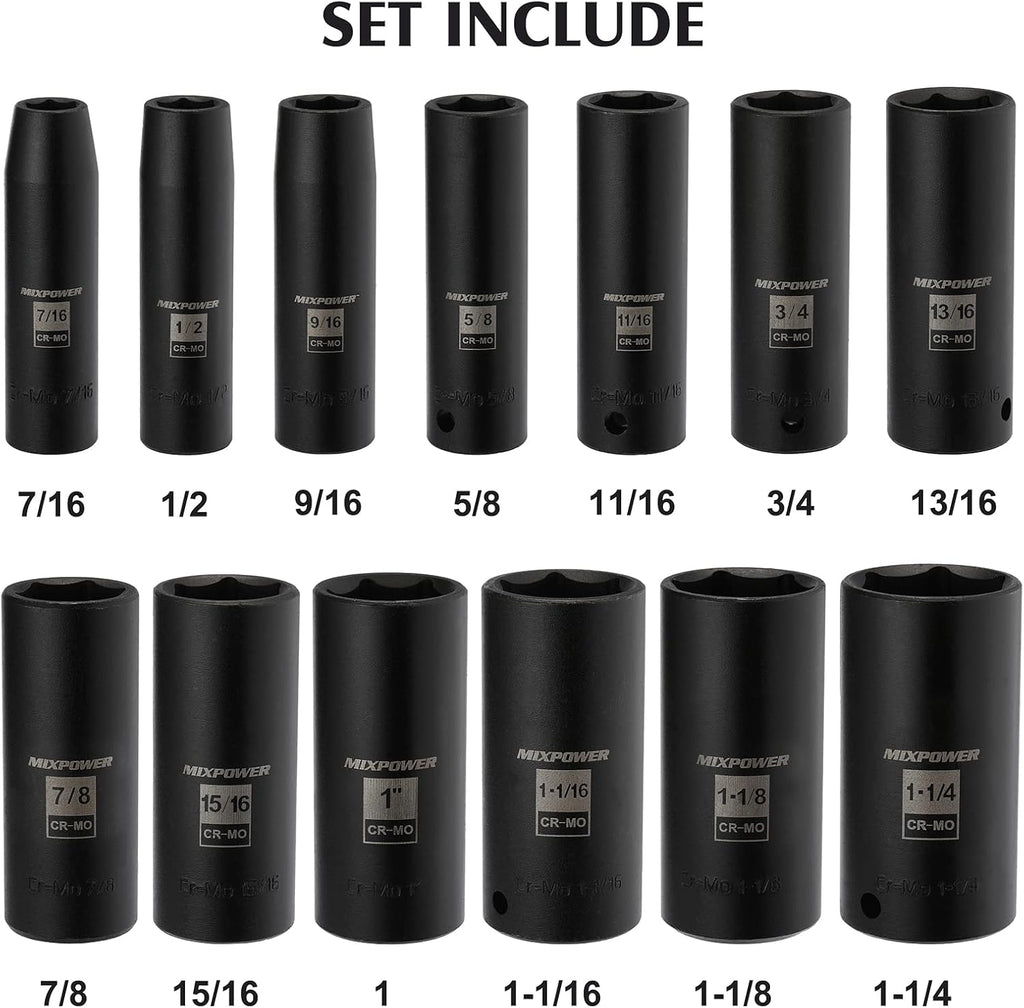 13 Pieces 1/2-Inch Drive Deep Impact Socket Set, Cr-Mo Steel, SAE N7118