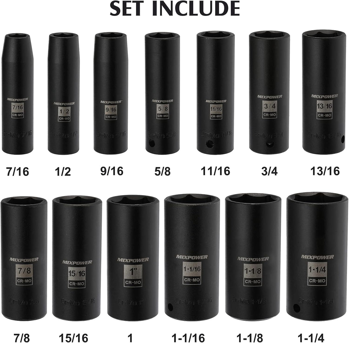 13 Pieces 1/2-Inch Drive Deep Impact Socket Set, Cr-Mo Steel, SAE N7118