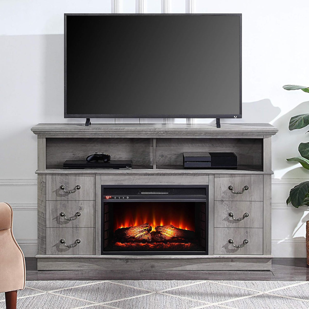 Gray Wash Wood TV Stand with Open Storage Shelves & Cabinets E420644