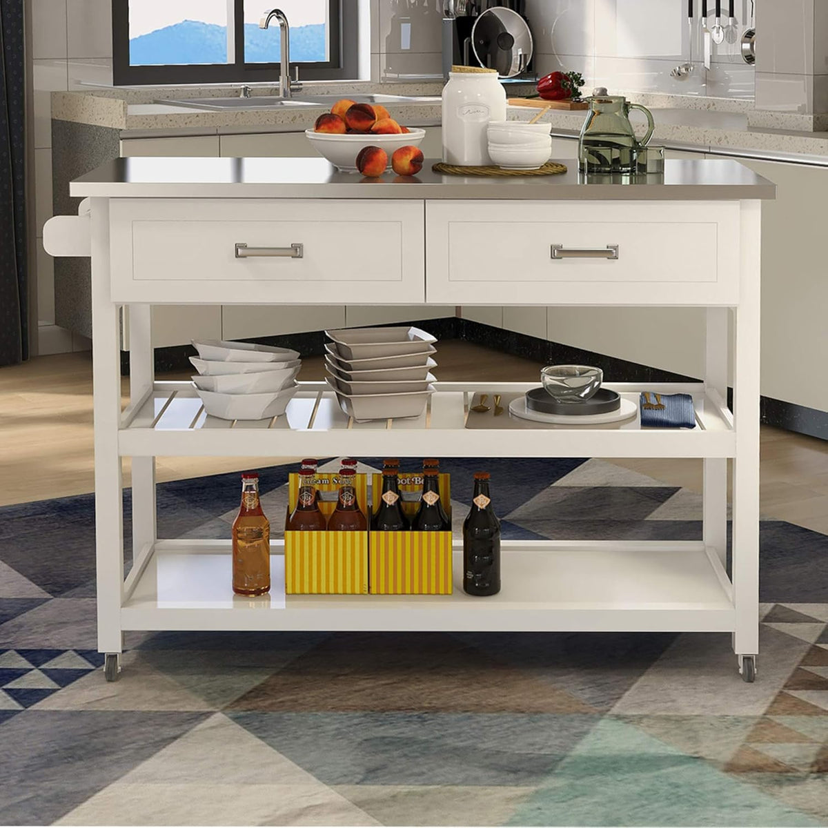 White Kitchen Cart with Stainless Steel Top I48896