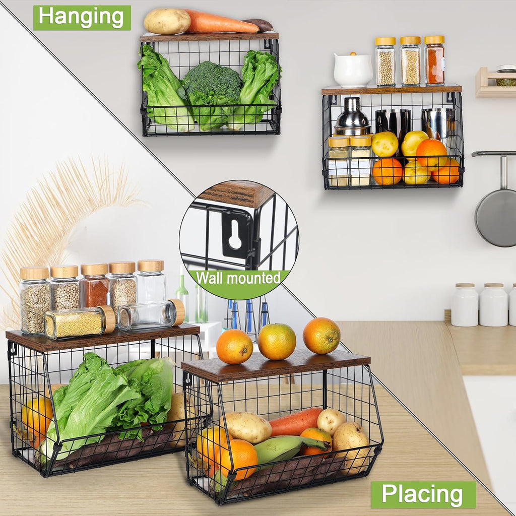 2 Tier Wire Fruit Basket with Wooden Lid B272