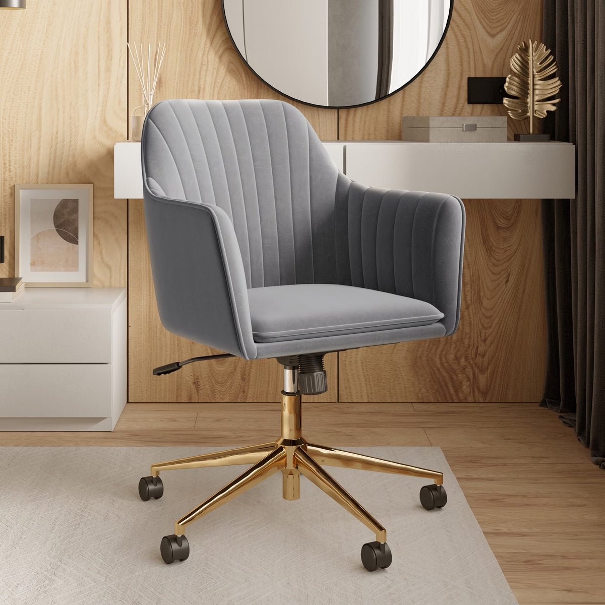 Gray Velvet Swivel Rolling Desk Chair with Adjustable Height D372110