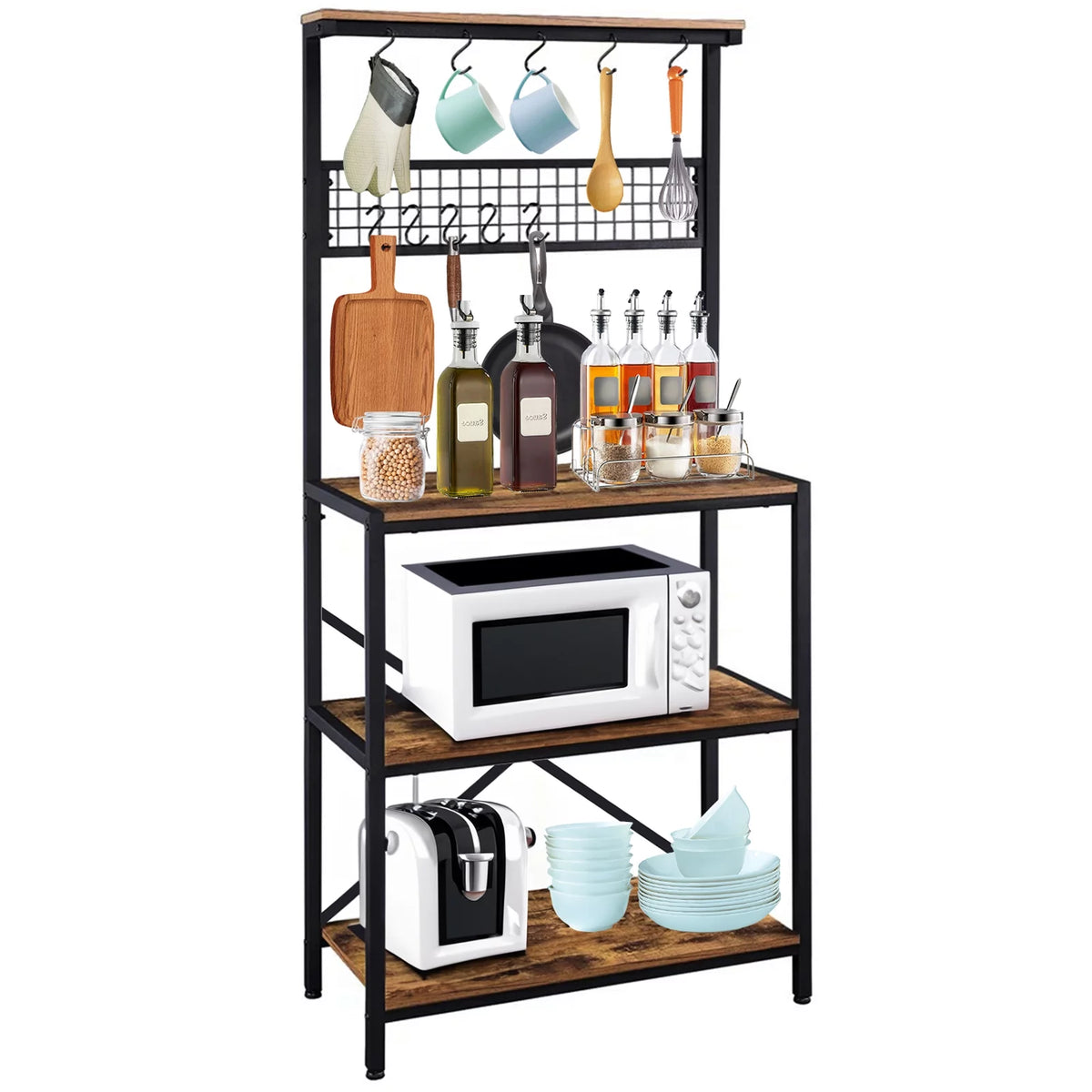 Baker's Rack Kitchen Island with Hooks Microwave Stand Q7668