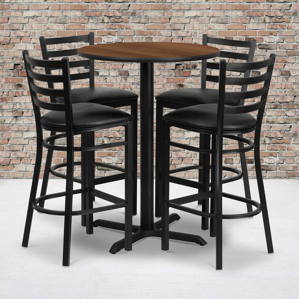 30&& Round Walnut Laminate Table Set with 4 Ladder Back Metal Barstools O8505