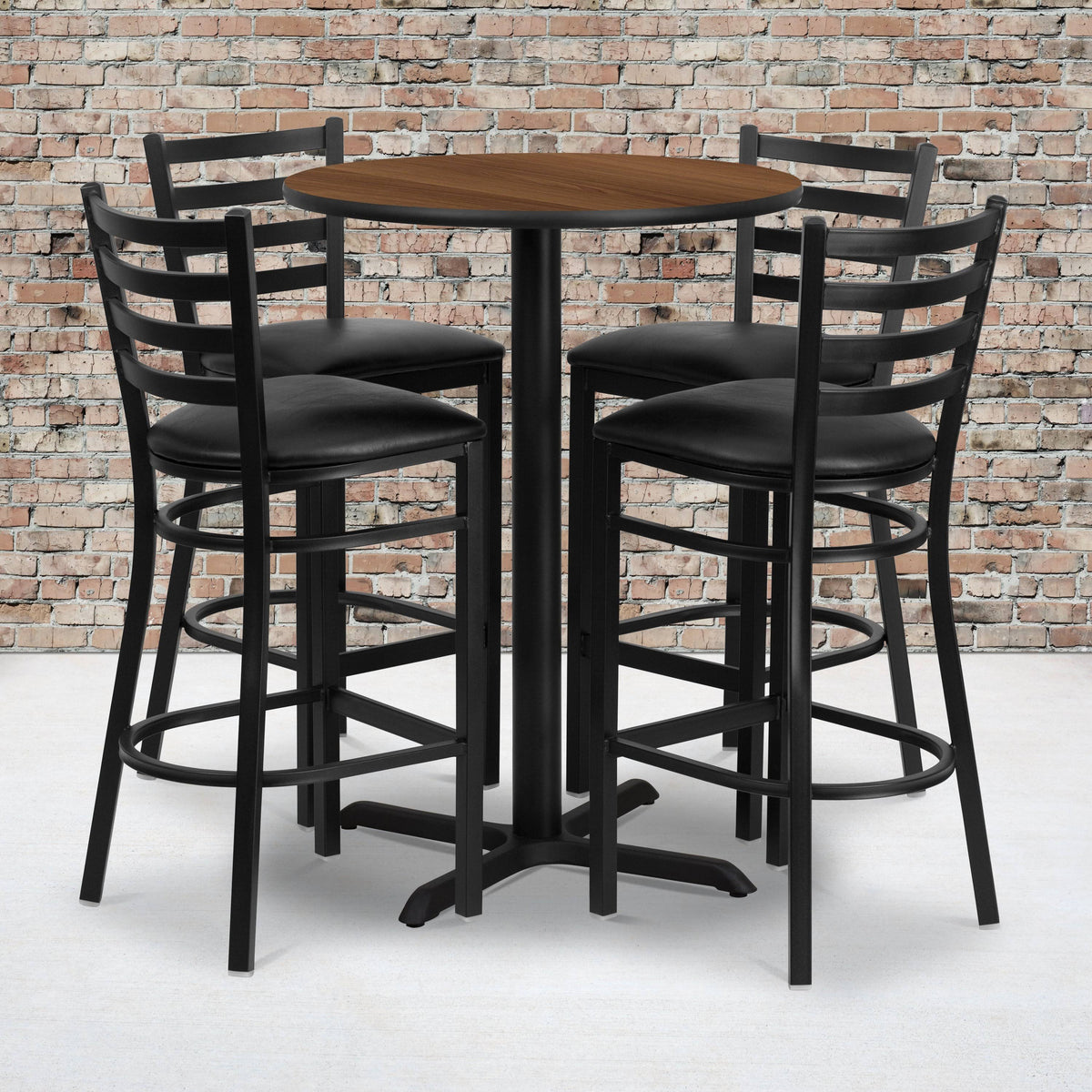 30&& Round Walnut Laminate Table Set with 4 Ladder Back Metal Barstools O8505