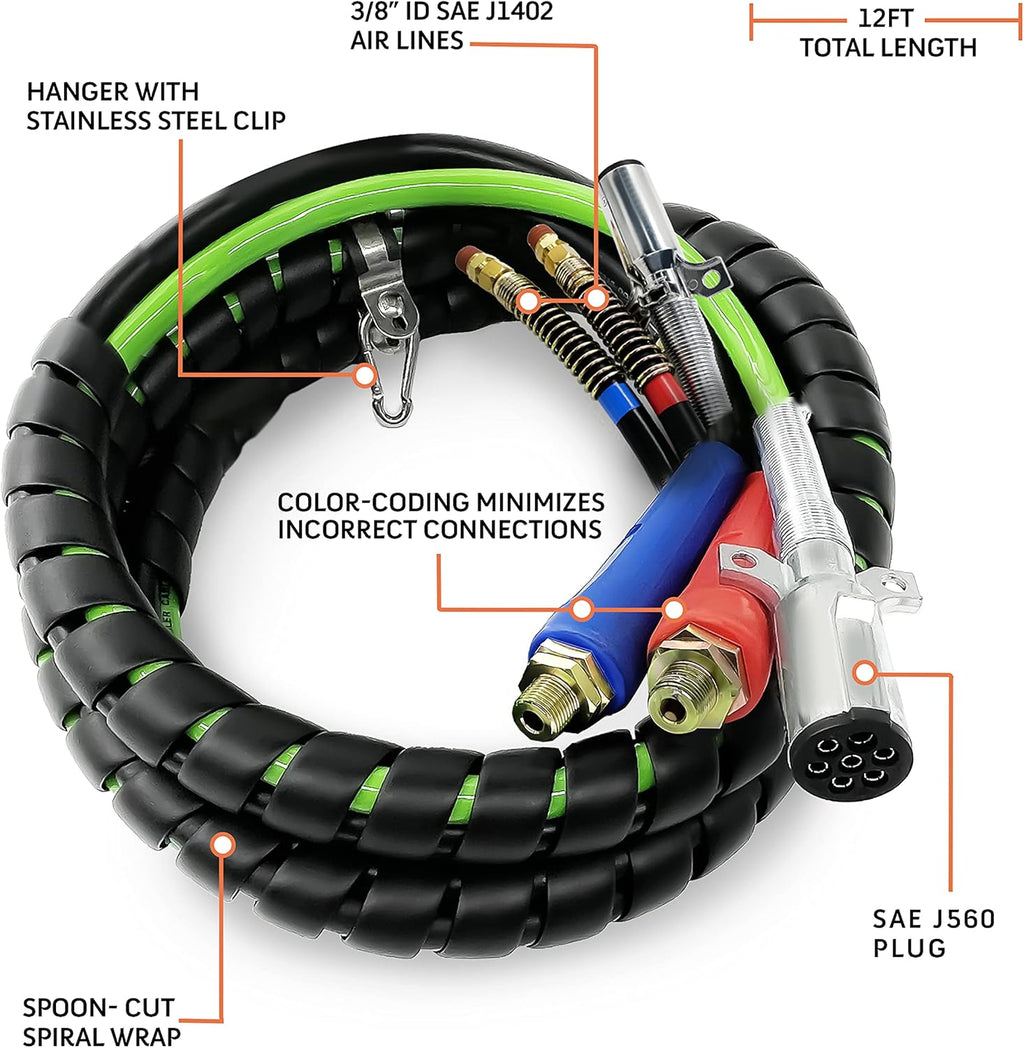 12ft 3 in 1 ABS & Power Air Line Hose Wrap 7 Way Electrical Cable with Handle Grip Y419136