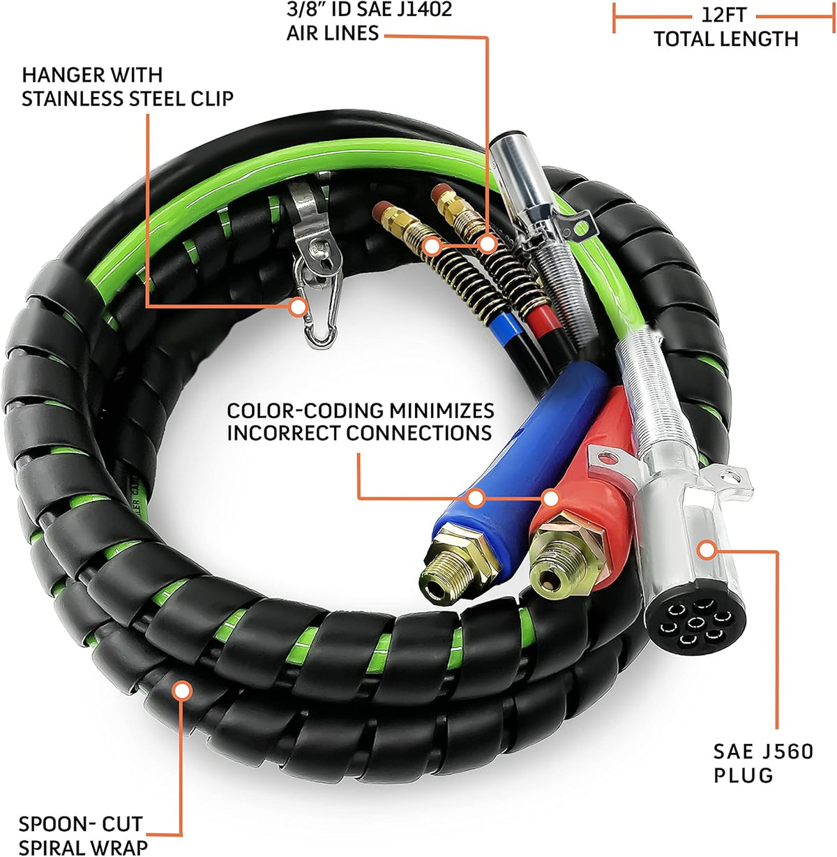 12ft 3 in 1 ABS & Power Air Line Hose Wrap 7 Way Electrical Cable with Handle Grip Y419136