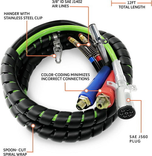 12ft 3 in 1 ABS & Power Air Line Hose Wrap 7 Way Electrical Cable with Handle Grip Y419136