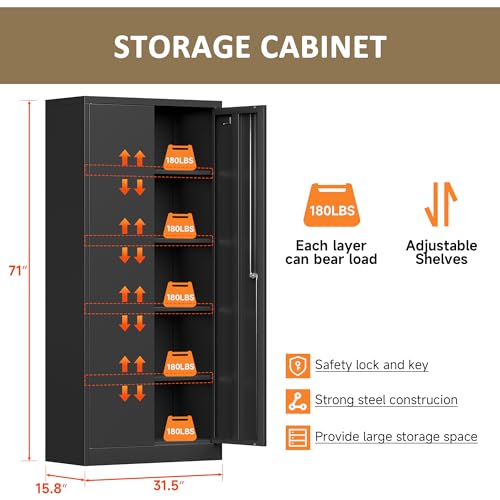 Black 71 inch Metal Storage Cabinet with 2 Doors and 4 Adjustable Shelves L480