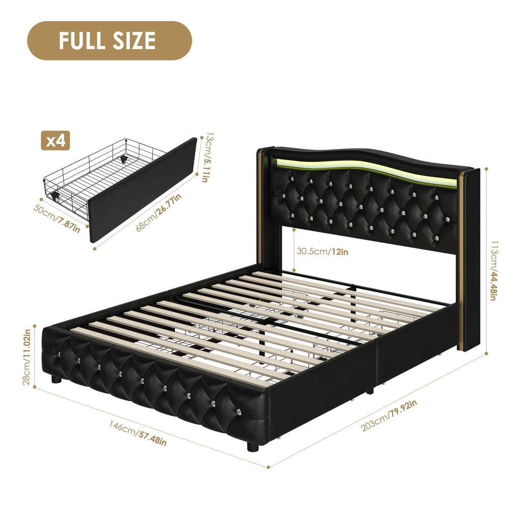White Queen Size LED Bed Frame with 4 Storage Drawers E6306