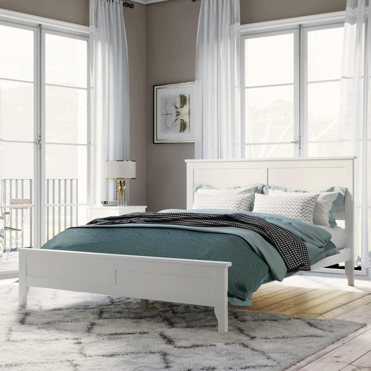 White Full Size Wooden Platform Bed with Headboard G620841