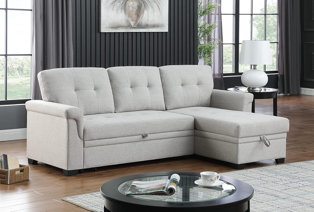 L-Shaped Linen Tufted Reversible Sleeper Sectional Sofa with Pull Out Sleep Couch Bed, Light Gray I3548