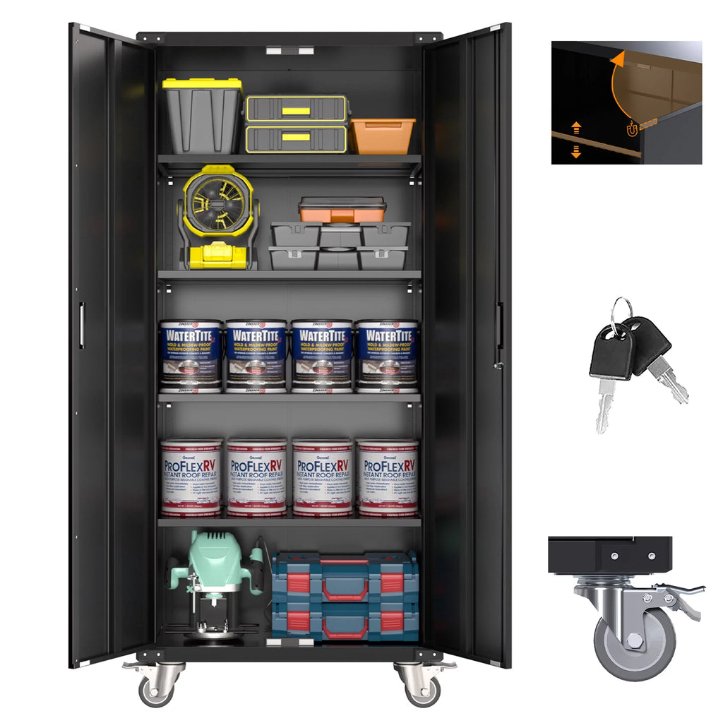 Metal Storage Cabinet with Lock, 72In Steel Storage Cabinet with Wheels, Black J98037
