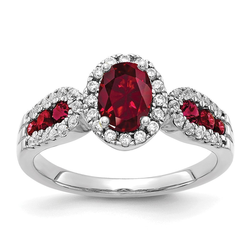 14k White Gold Lab Grown Diamond and Oval Created Ruby Ring Size 7.00 W508