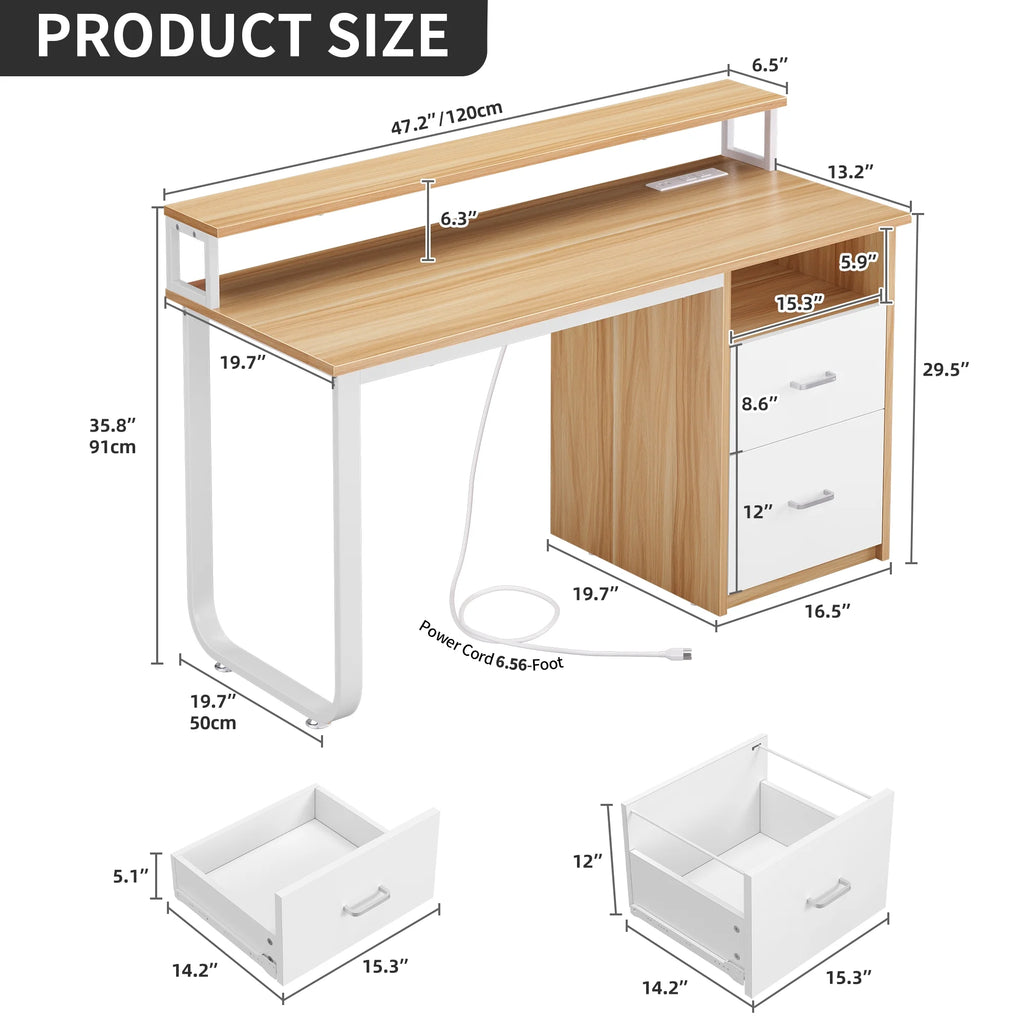 47 inch Computer Desk with Storage Drawers & LED Light, Monitor Stand & Power Outlets G143430