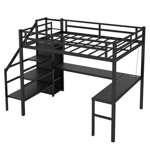 Twin XL Black Metal Loft Bed with Desk X1213