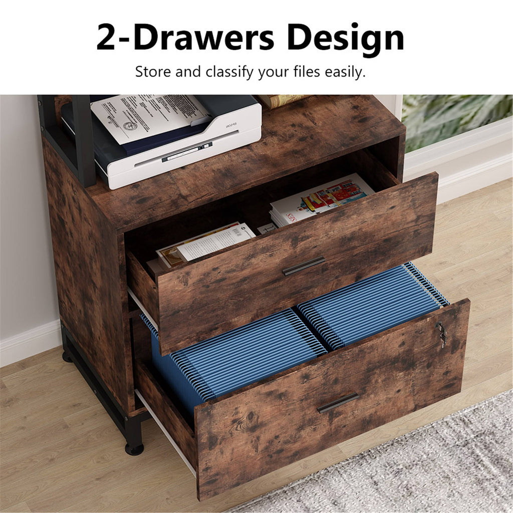 2 Drawer File Cabinet with Lock Bookshelf, Letter Size Printer Stand - Brown Z1998