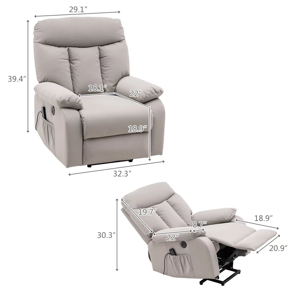 Electric Lift Recliner Massage Sofa Chair with Remote Control Silver White Z19540