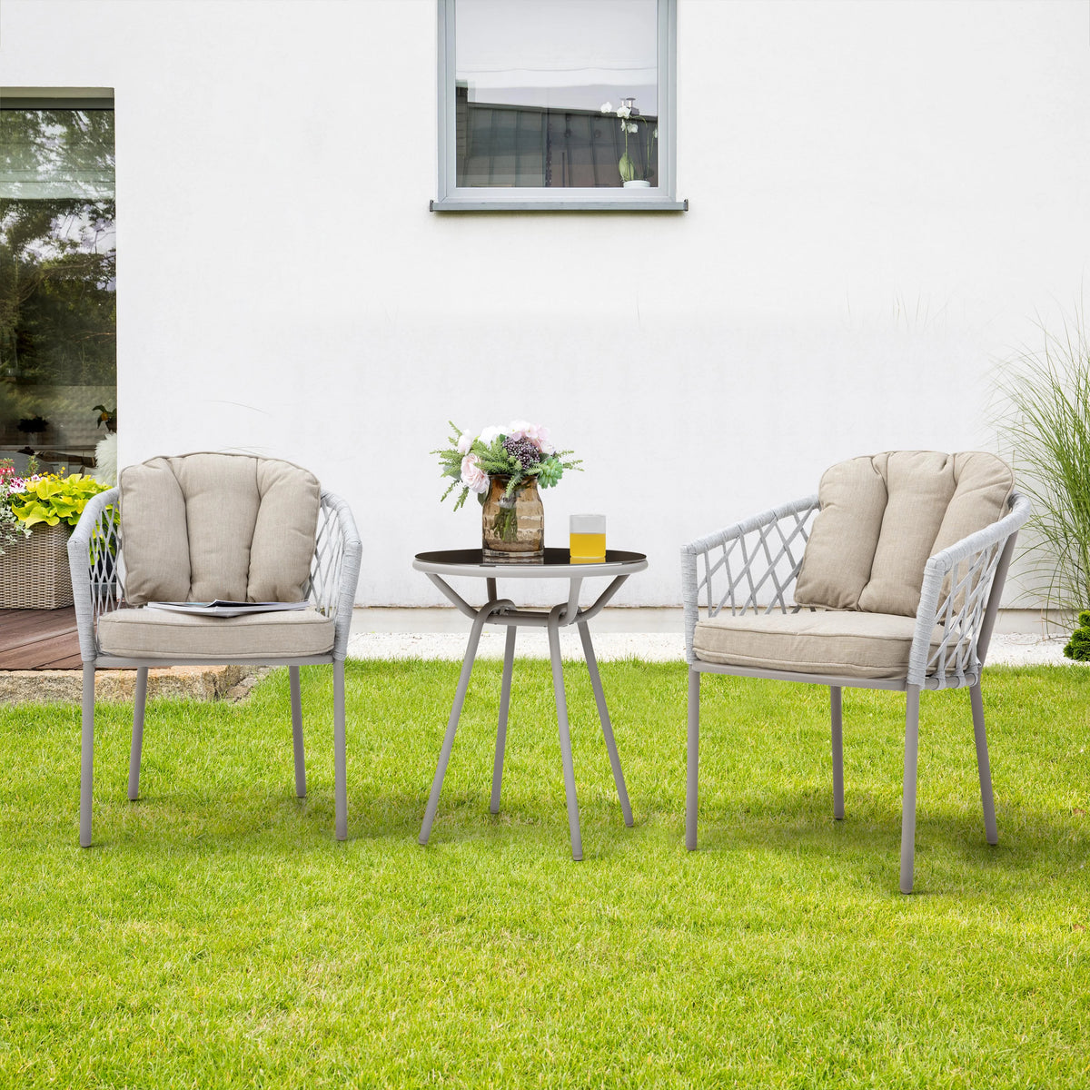 3pcs Steel Rope Bistro Set with Cushions I60898