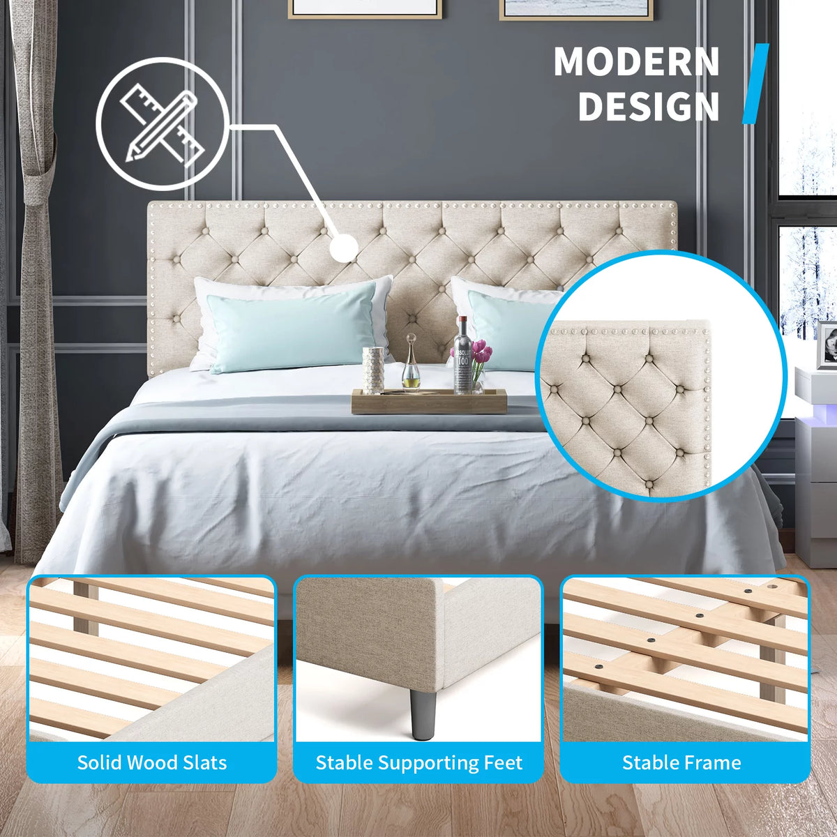 King Size Upholstered Platform Bed Frame with Headboard M3758