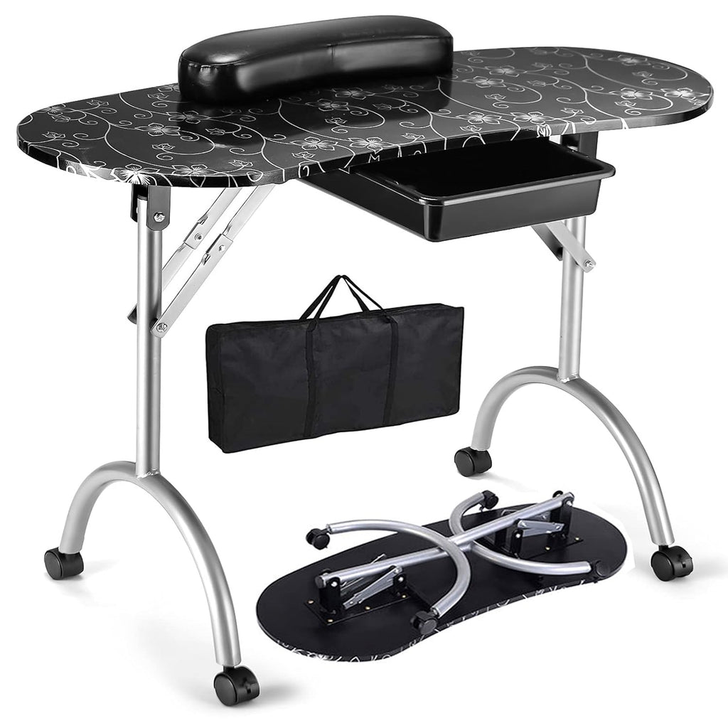 Black Portable Manicure Table with Drawer and Casters E416
