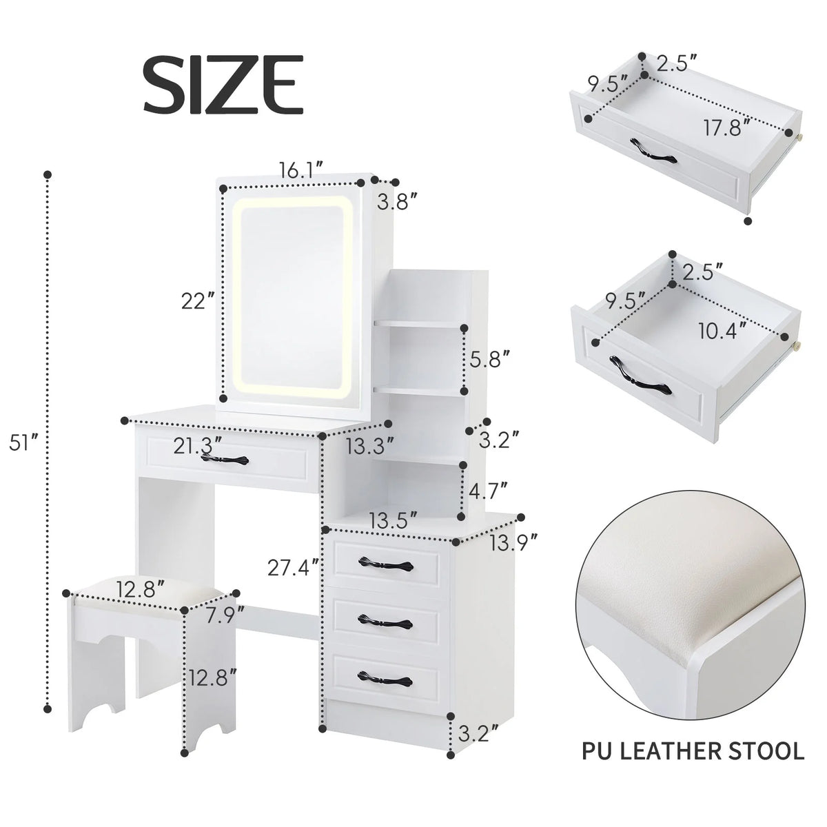 White Vanity Desk with Stool, Sliding Mirror, 4 Drawers & Shelves H761090