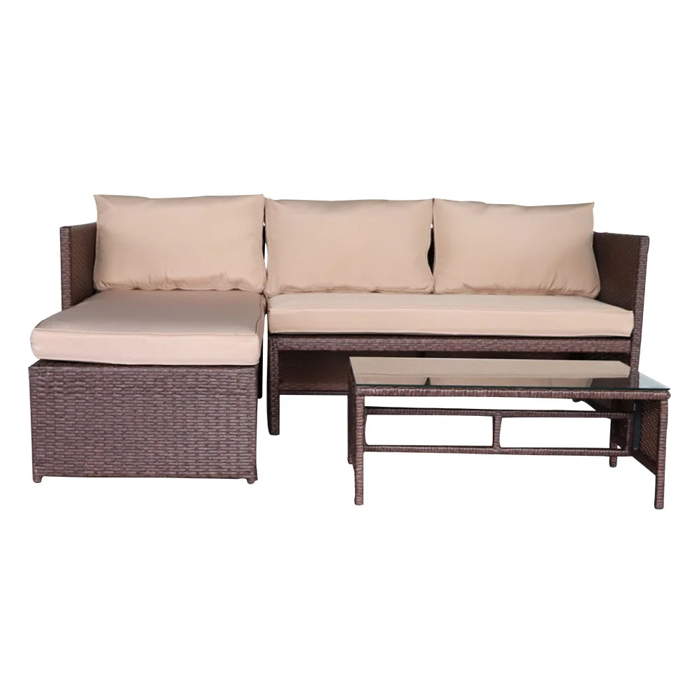 Rattan Sofa 3 Pieces Wood PE Wicker Ottoman With Coffee Table Patio Sofa Set U606824