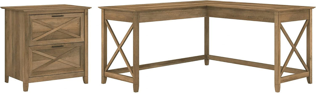 L Shaped Desk with 2 Drawer Lateral File Cabinet, Dark Gray Hickory I59613