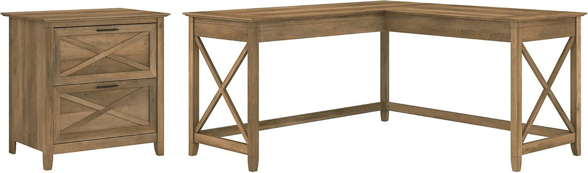L Shaped Desk with 2 Drawer Lateral File Cabinet, Dark Gray Hickory I59613