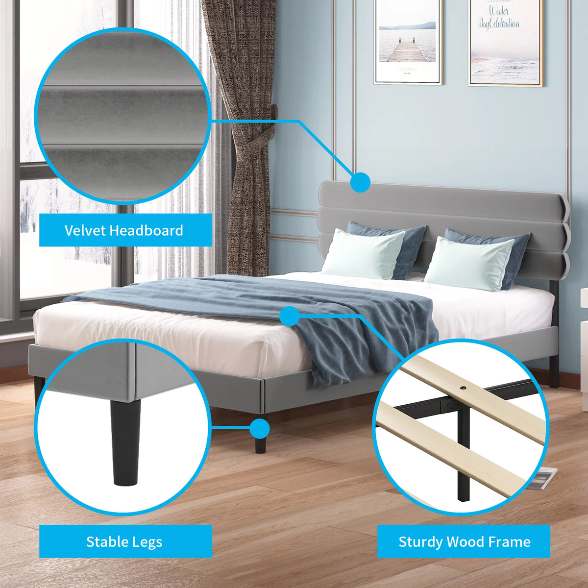 Full Size Platform Bed Frame with Adjustable Upholstered Headboard D892