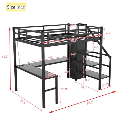 Twin XL Black Metal Loft Bed with Desk X1213