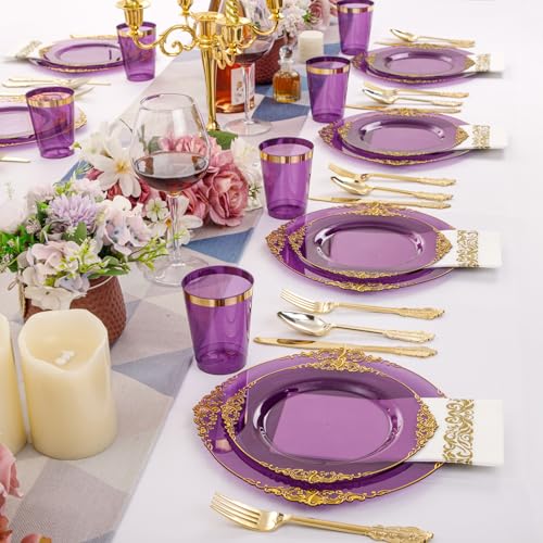 350PCS Clear Gold Plastic Plates Dinnerware Sets L5189