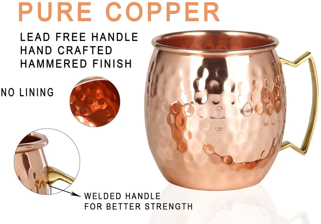 4 Handcrafted Copper Mugs & 4 Copper Straws & Shot Glass Q2616