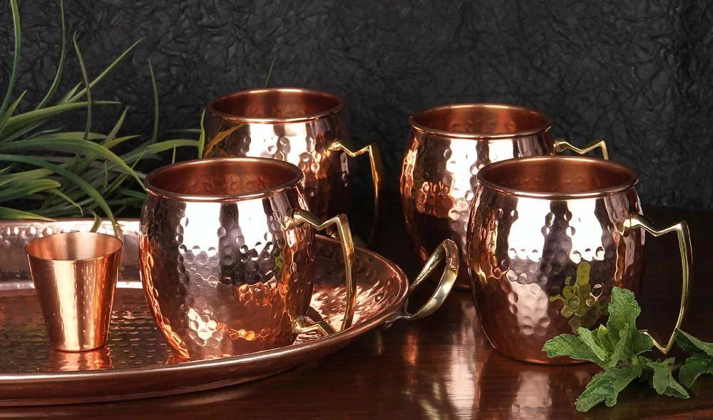 4 Handcrafted Copper Mugs & 4 Copper Straws & Shot Glass Q2616