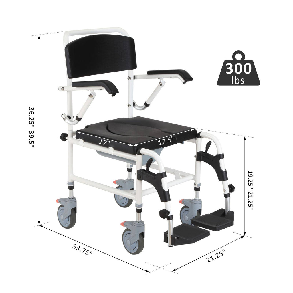Black Commode Wheelchair with 4 Castor Wheels and Detachable Bucket F4634