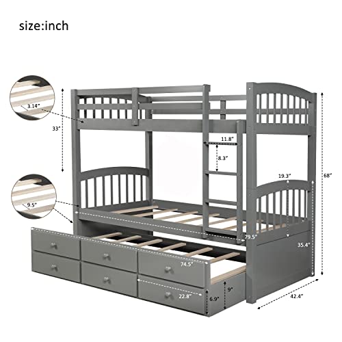Twin Over Twin Wooden Bunk Bed with Trundle and 3 Storage Drawers N615