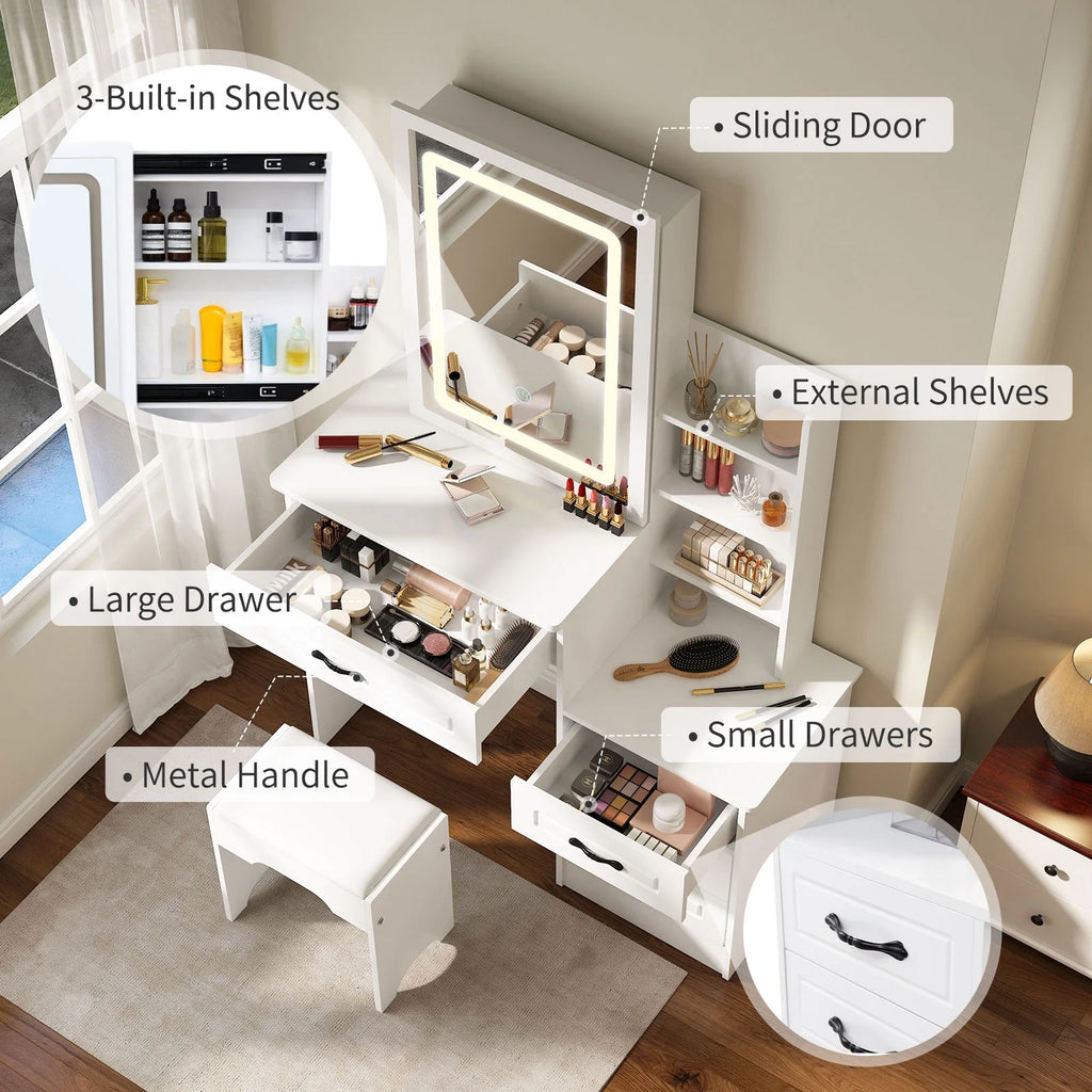 White Vanity Desk with Stool, Sliding Mirror, 4 Drawers & Shelves H761090