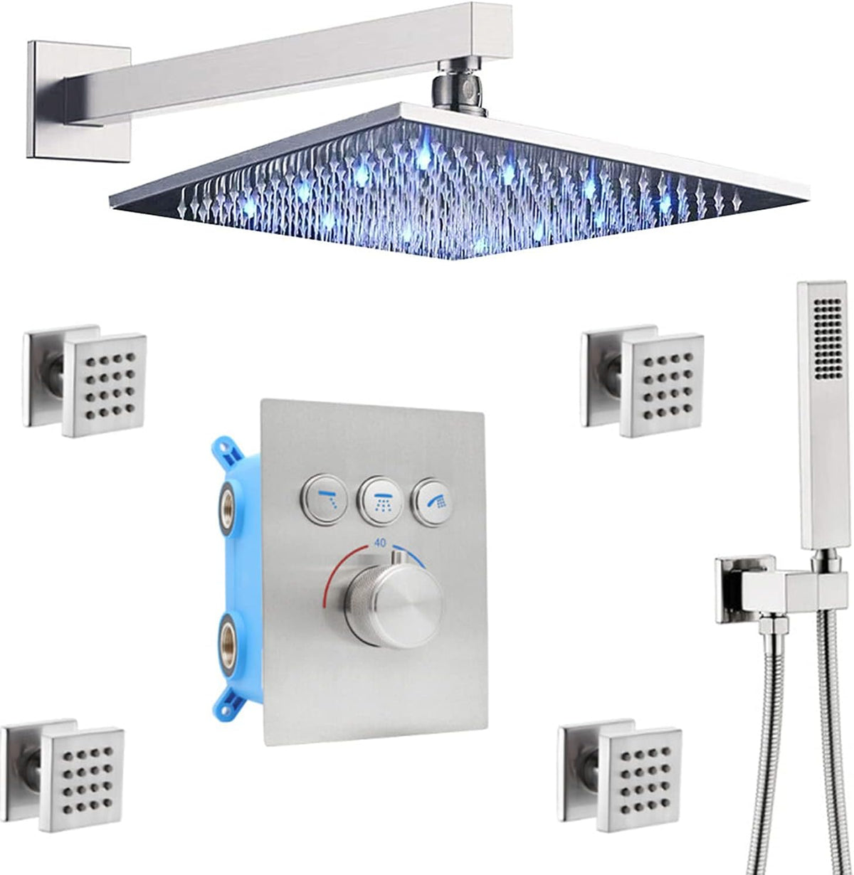Thermostatic Shower Faucet Combo Set with 12 Inch Rain Shower Head and Handheld, Brushed Nickel V2261