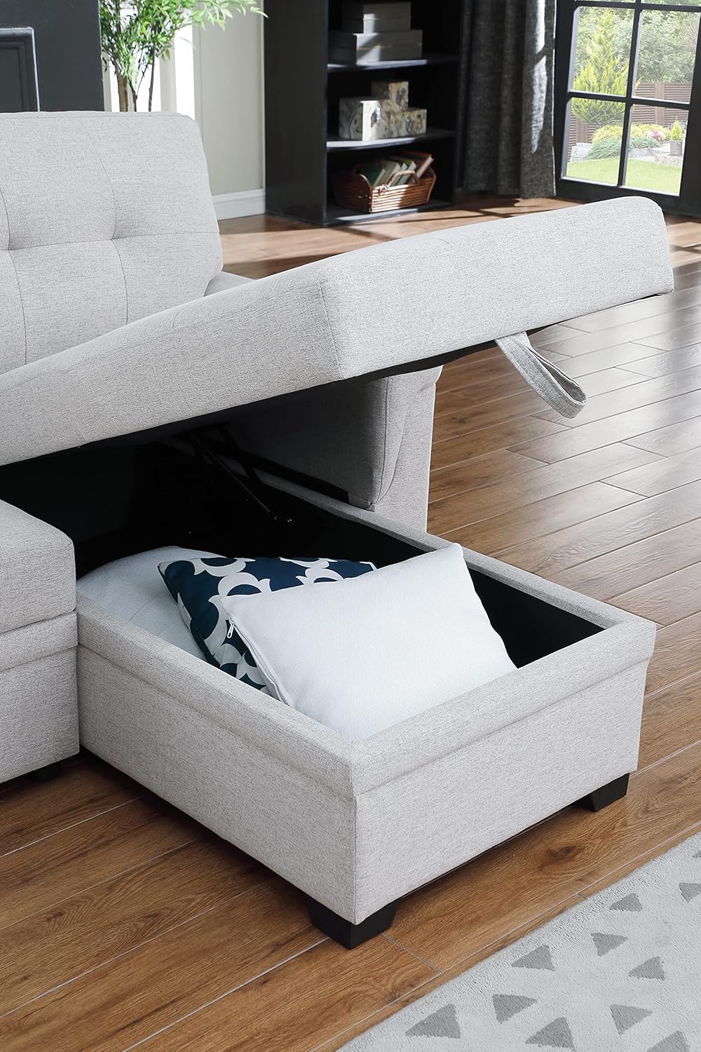 L-Shaped Linen Tufted Reversible Sleeper Sectional Sofa with Pull Out Sleep Couch Bed, Light Gray I3548