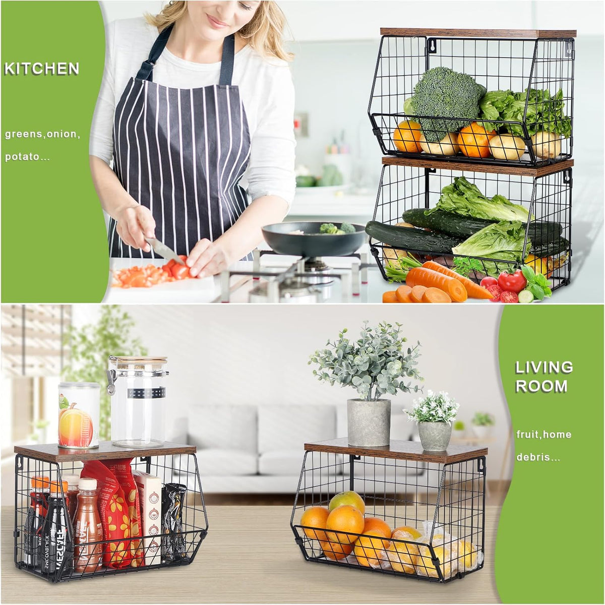 2 Tier Wire Fruit Basket with Wooden Lid B272