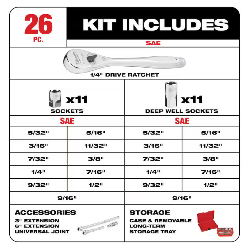1/4 in. Drive SAE Ratchet and Socket Mechanics Tool Set (26-Piece) K5881
