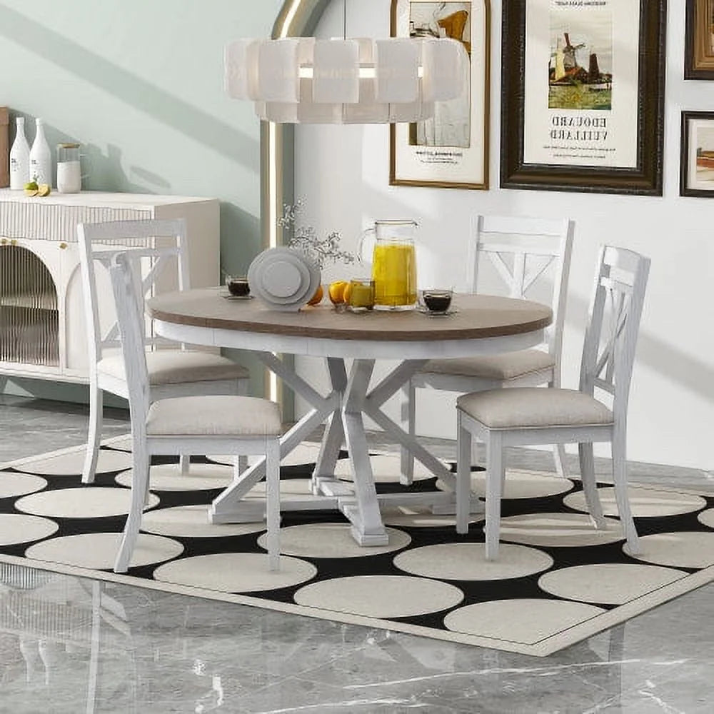 5-Piece Extendable Round Dining Table Set with 4 Upholstered Chairs V337572
