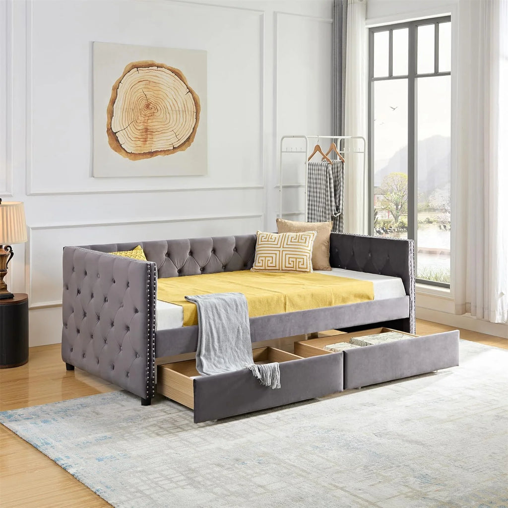 Velvet Upholstered Daybed with 2 Storage Drawers Y668