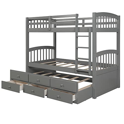Twin Over Twin Wooden Bunk Bed with Trundle and 3 Storage Drawers N615
