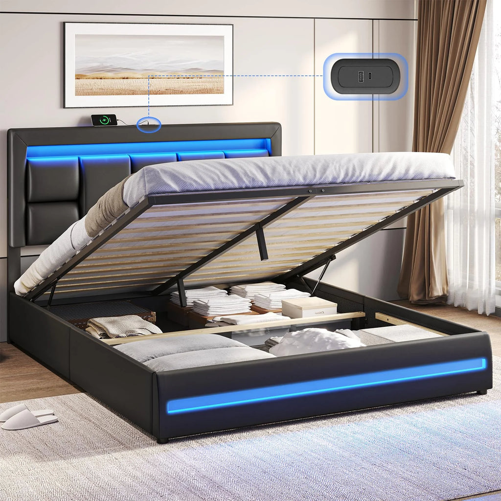 Queen Size Lift Up Storage Upholstered Platform Bed Frame with Charging Ports and LED Lights O957535