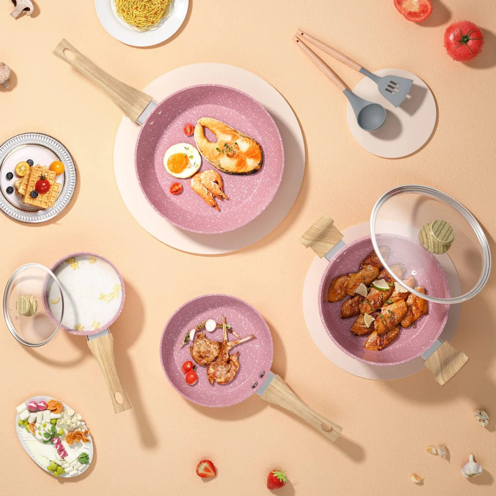 8 Piece Pink Nonstick Granite Stone Cookware Set F877615