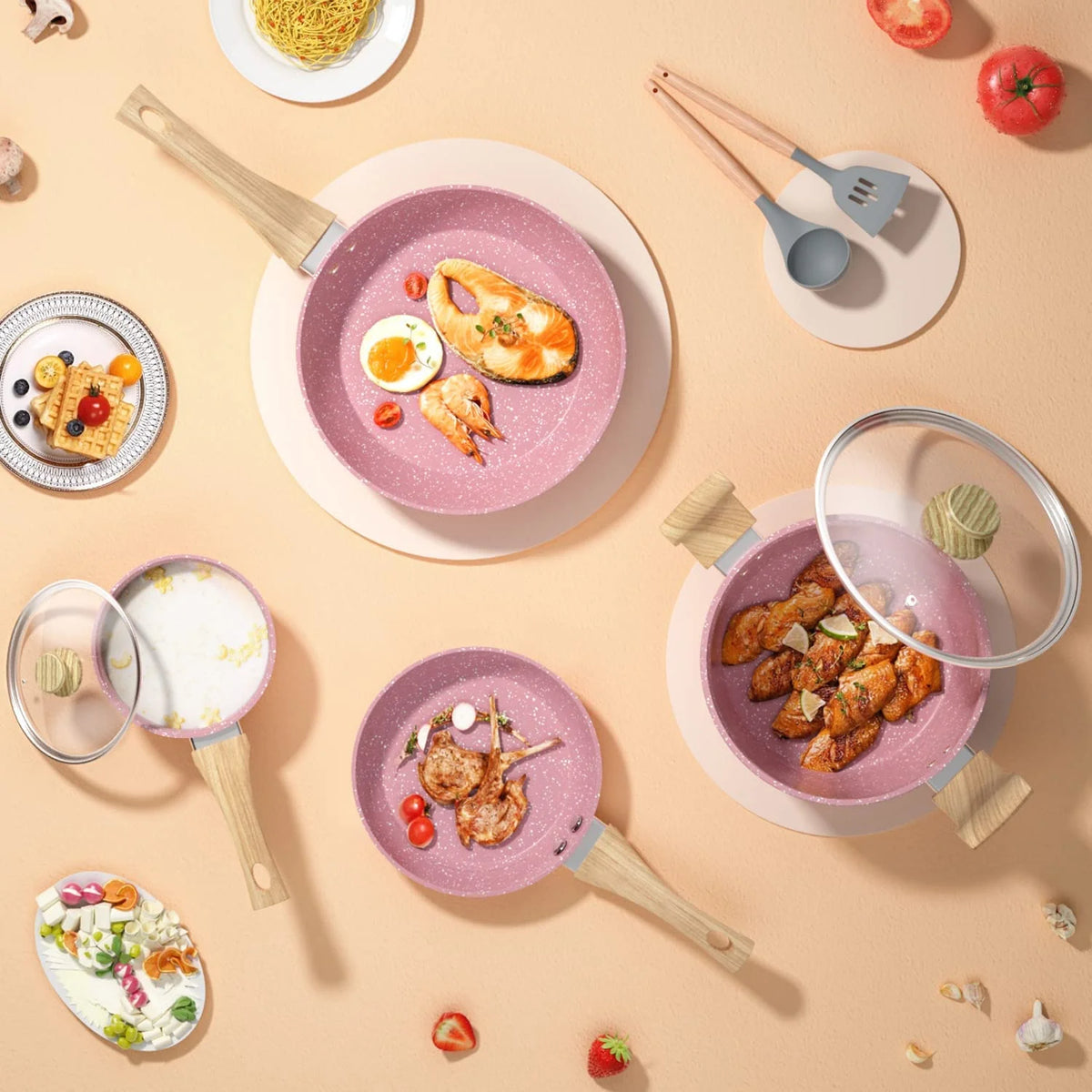 8 Piece Pink Nonstick Granite Stone Cookware Set F877615